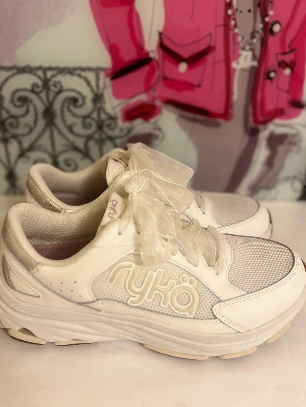 Ryka Women's White Mesh & Leather Sneakers with Champagne Gold Accents - 9.5W